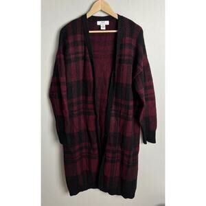Magaschoni Plaid Open Front Cardigan Sweater Black Burgundy Size Medium Women’s